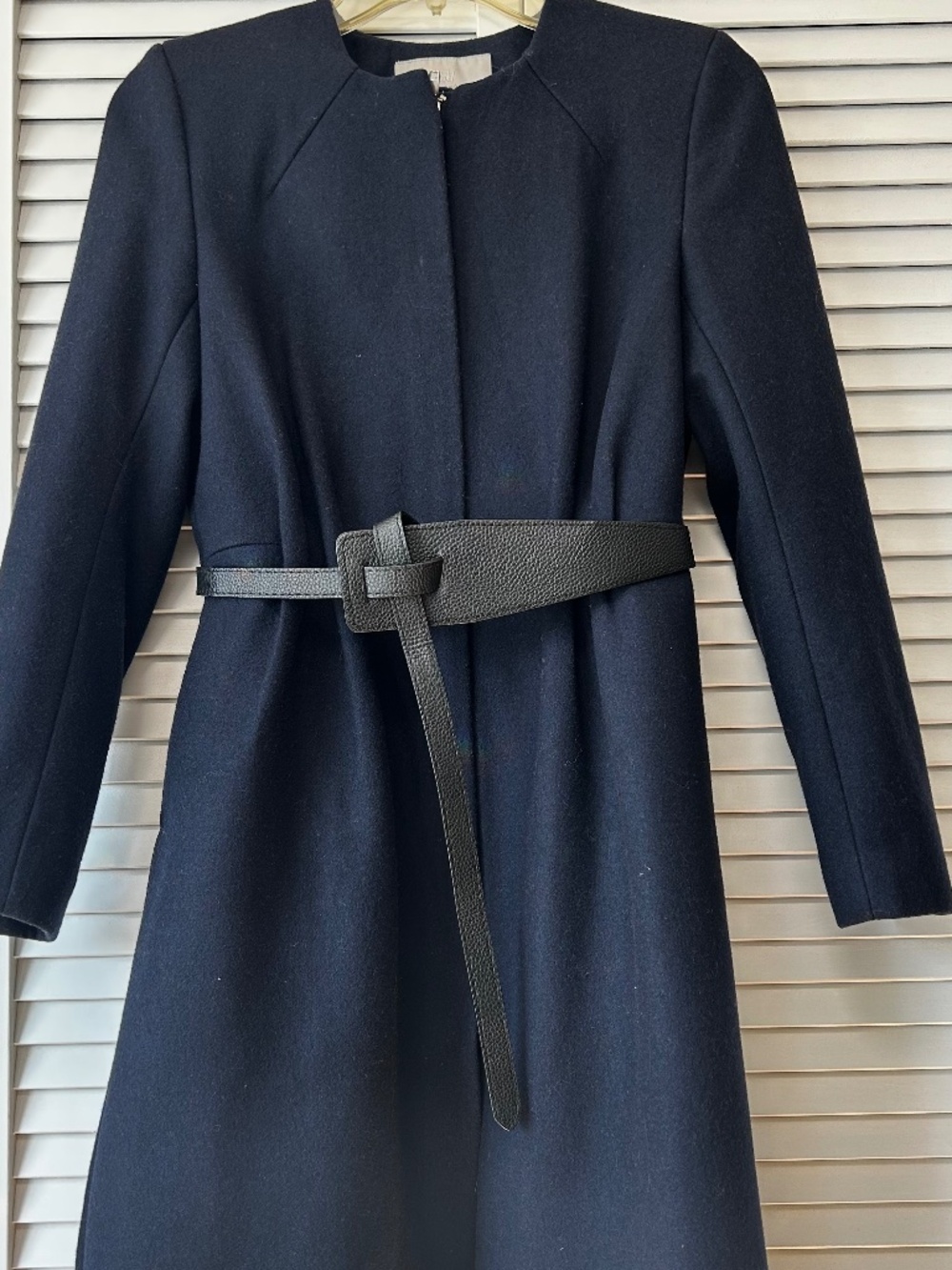 H&M Wool Blend Collarless Zip Coat Navy Blue